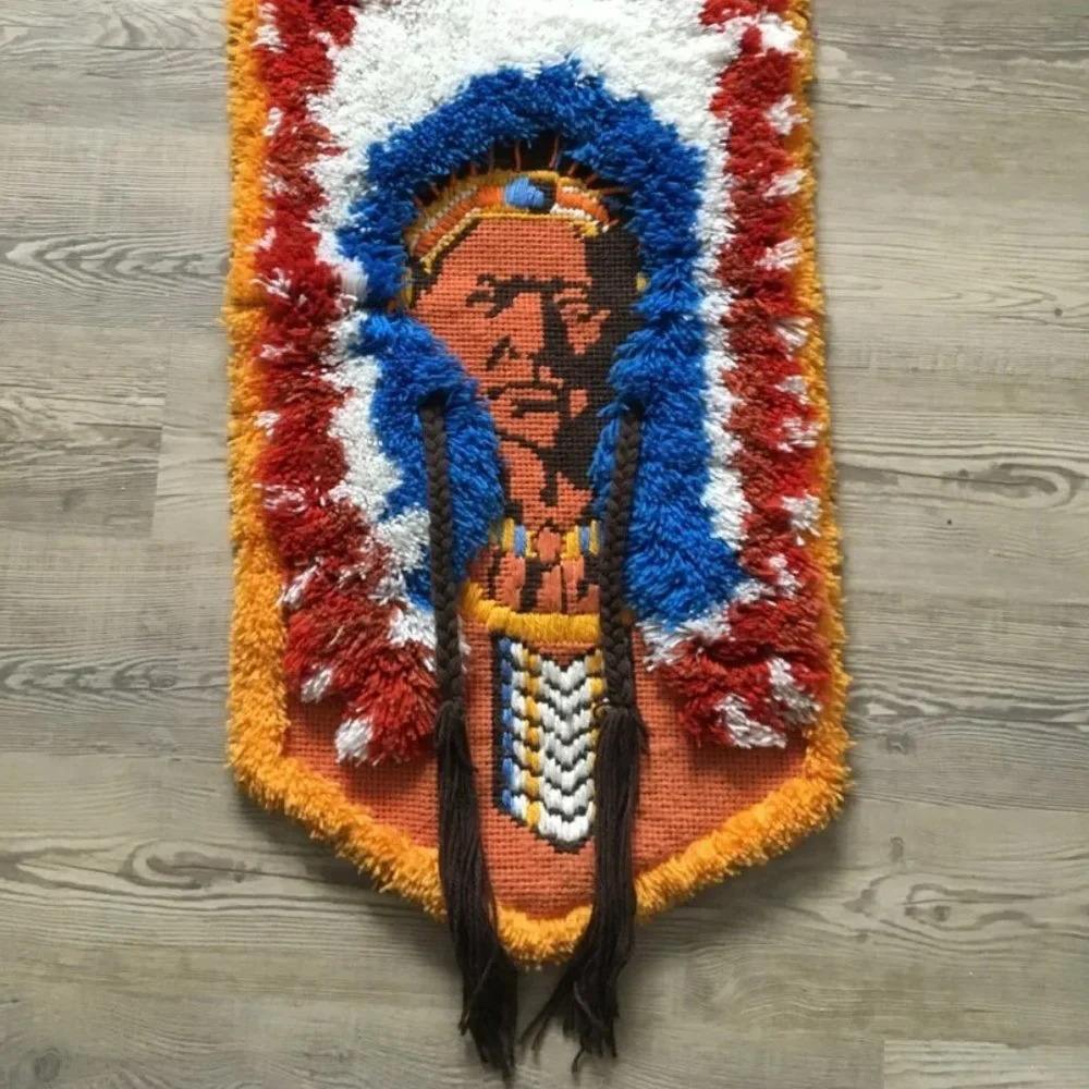 Vintage Native American Indian Chief Tapestry Hanging Rug Hand Embroidered